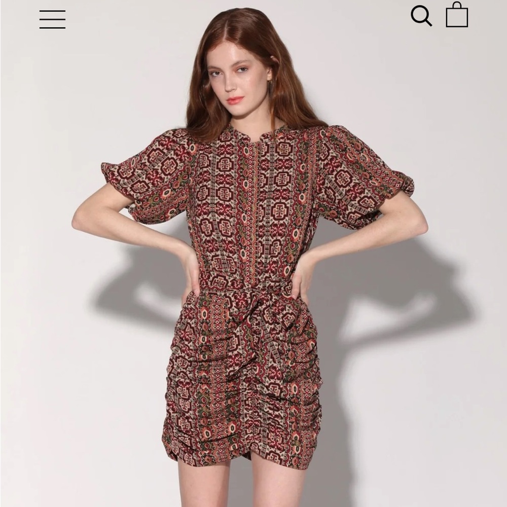 NWT $268 Walter Baker Staci Ruched Puff Sleeve Tir Waist Mini Dress Paisley- 6